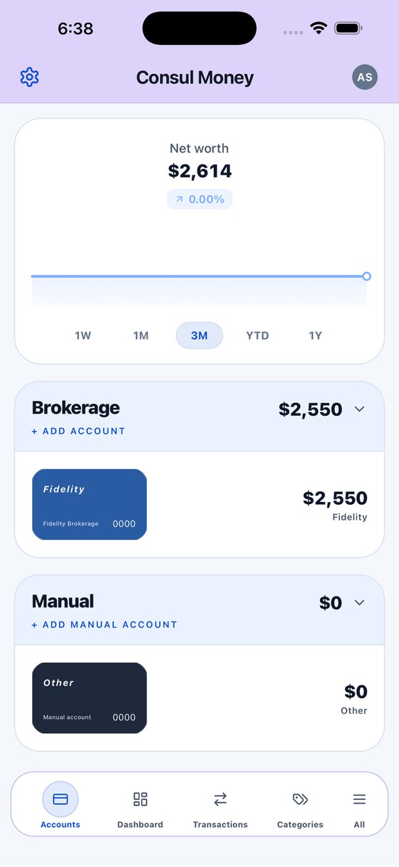 Consul's accounts view with net worth and connected accounts.