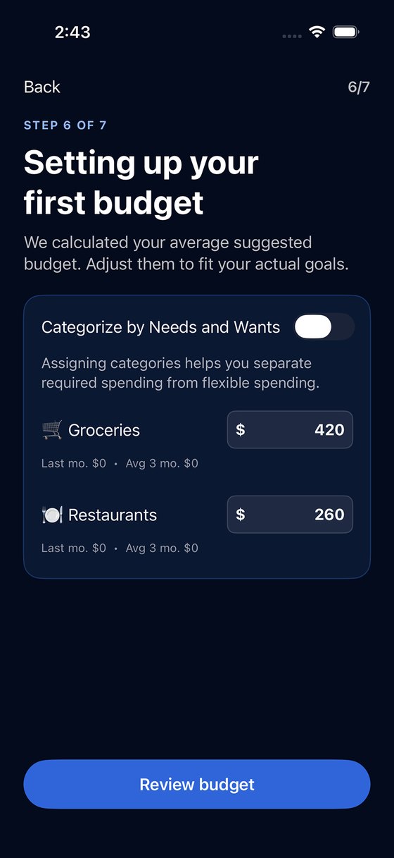 Consul's first-budget screen suggesting amounts for Groceries and Restaurants.