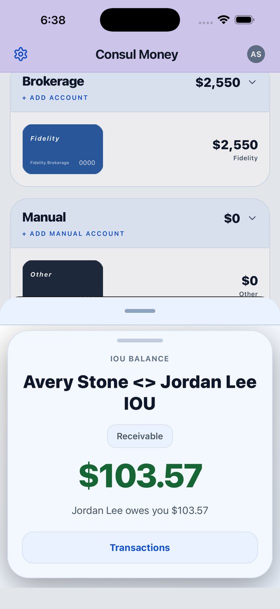 Consul's IOU card showing that one partner owes the other $103.57.