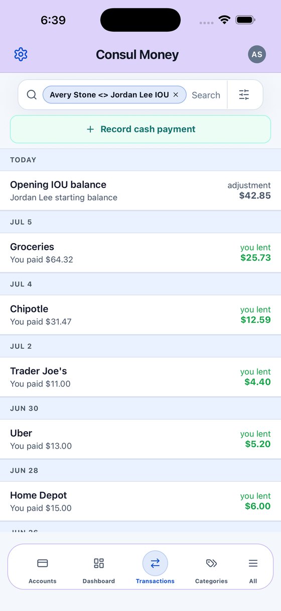 Consul's IOU list showing each shared purchase and how much was lent.