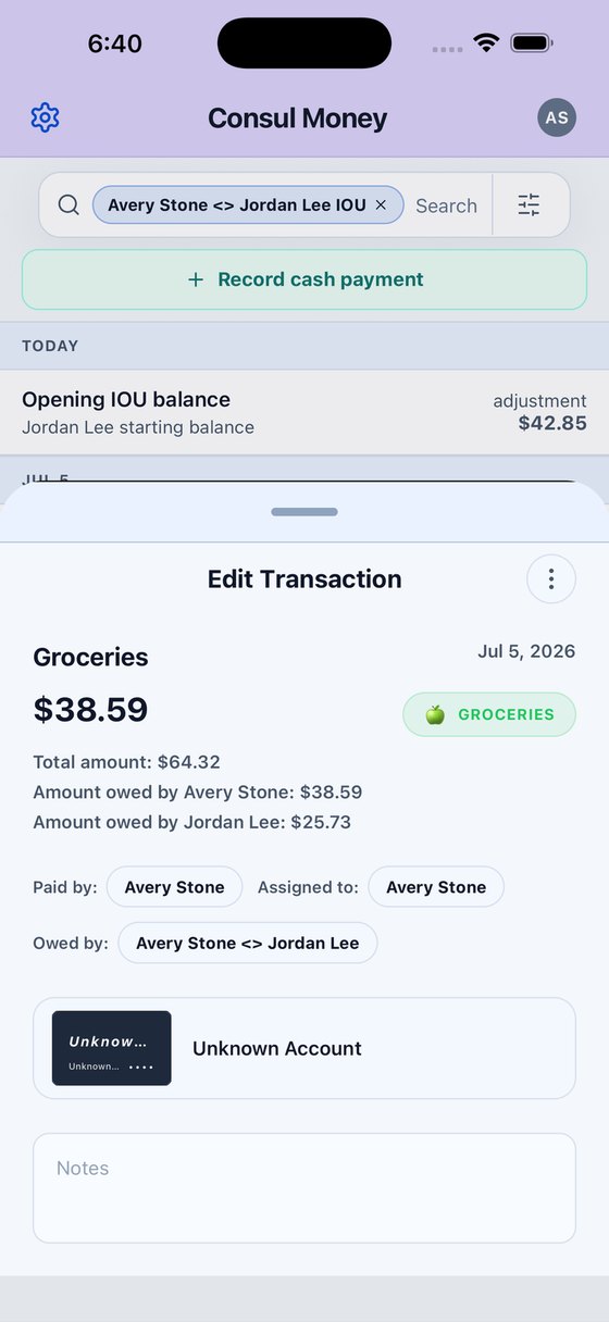 A Groceries purchase in Consul showing how much each person owes.